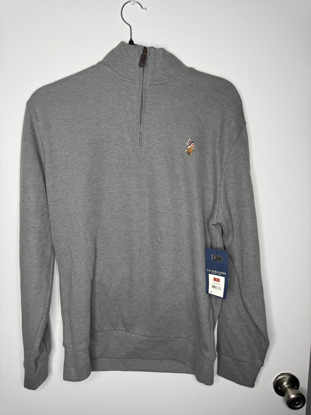 NWT US Polo Assn Quarter Zip Sweater Mens Medium Campus Gray Heather Pullover⁠